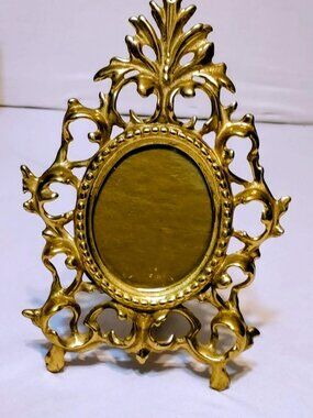 Vintage Victorian Style Gold Cast Iron Easel Picture Frame 71/2" 51/2" Glass